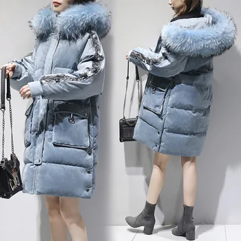

Women Vintage Velvet Long Coats 2019 New Winter Hooded With Faux Fur Collar Warm Thick Jackets Ladies Black Parkas Outerwears