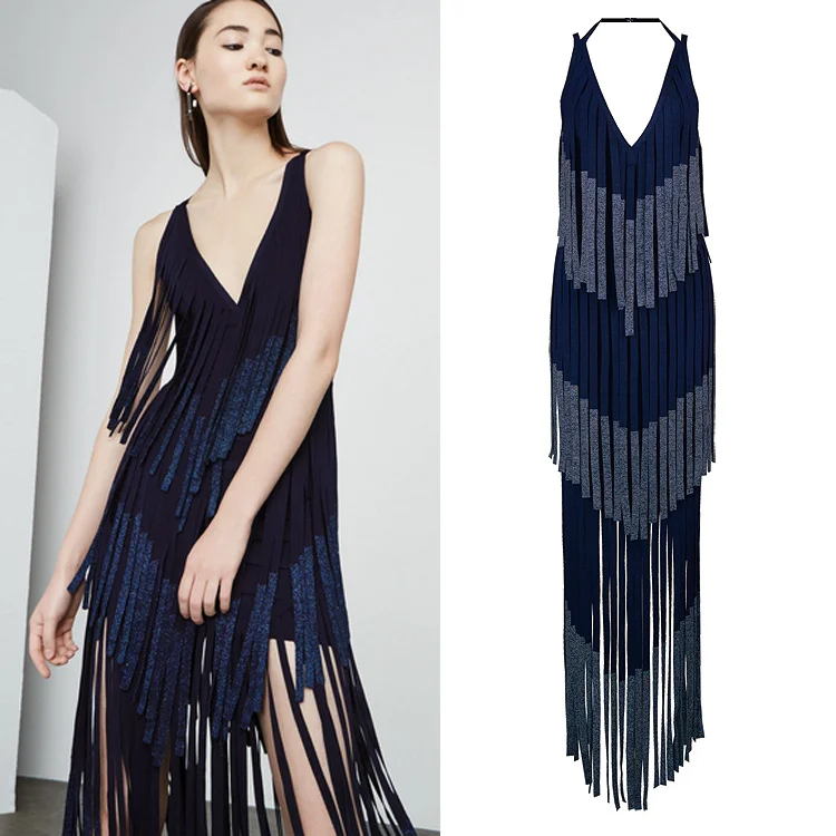 High Quality New Blue Sleeveless Taseel Long Rayon Bandage Dress Noble Celebrity Fashion Dress