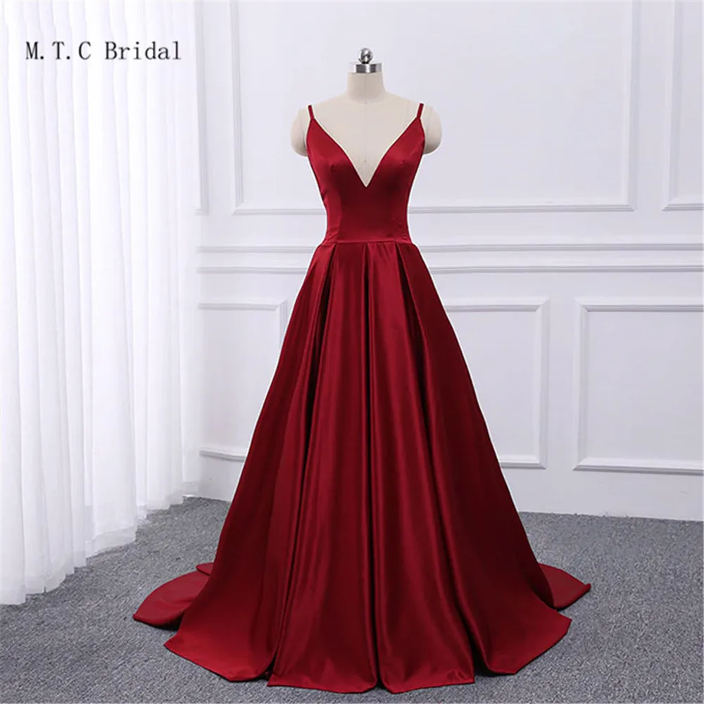 

Elegant Burgundy Long Evening Dress 2019 High Quality V Neck A Line Spaghetti Strap Backless Sexy Prom Party Gowns Cheap