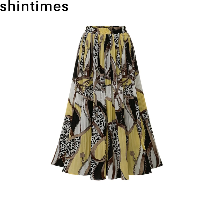 

Spring And Autumn European And American Style Faldas Mujer Moda 2019 Elastic Force High Waist Printing Chiffon Women long Skirt