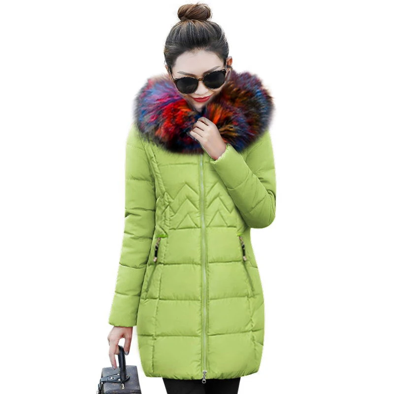Зимняя женская куртка, новинка, модная Большая Меховая хлопковая стеганая куртка с капюшоном, женская тонкая парка, Женская Стеганая куртка, зимнее пальто для женщин - Цвет: light green 4