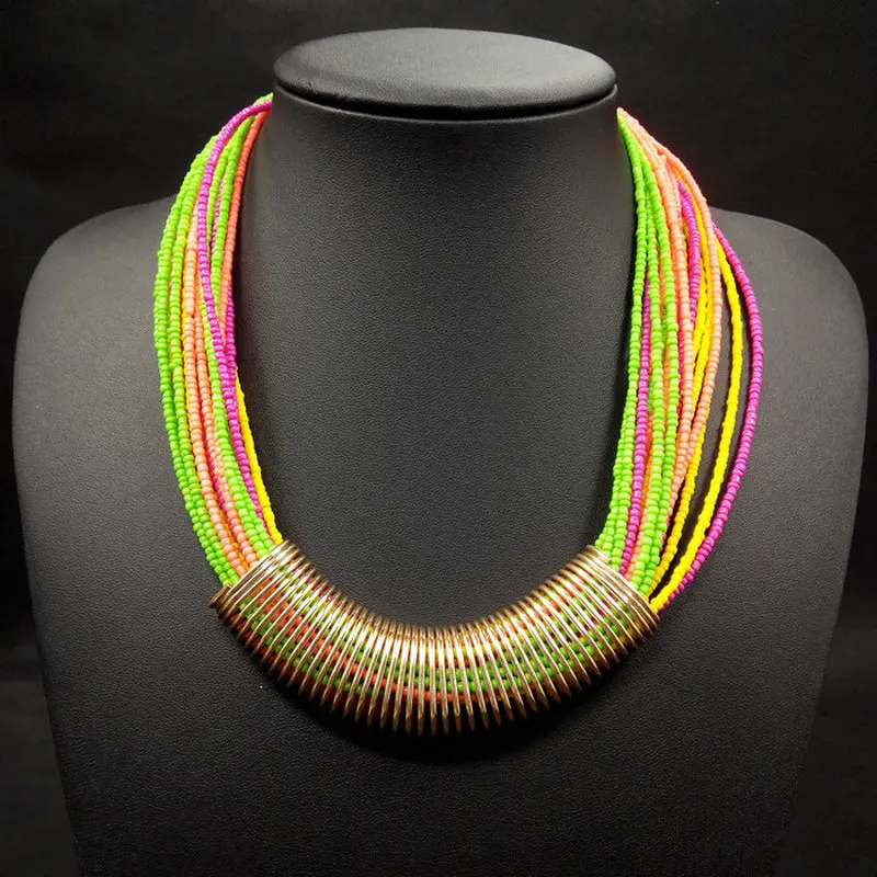 

Hot Sale Bohemian Style Handmade Beaded Charm Necklace Colorful Multilayer Seed Bead Statement Necklace wholesale