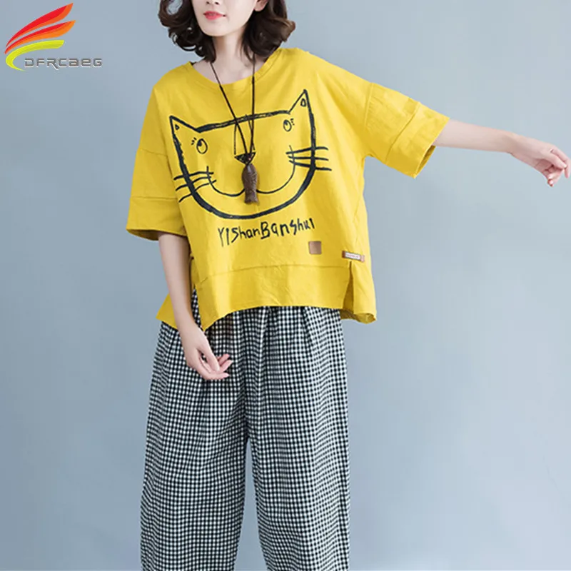 

O-Neck Plus Size Tee Shirt Women 2019 Summer Casual Loose Oversize T shirt Kawaii Cartoon Cat Print Women Tops Cotton Tshirts