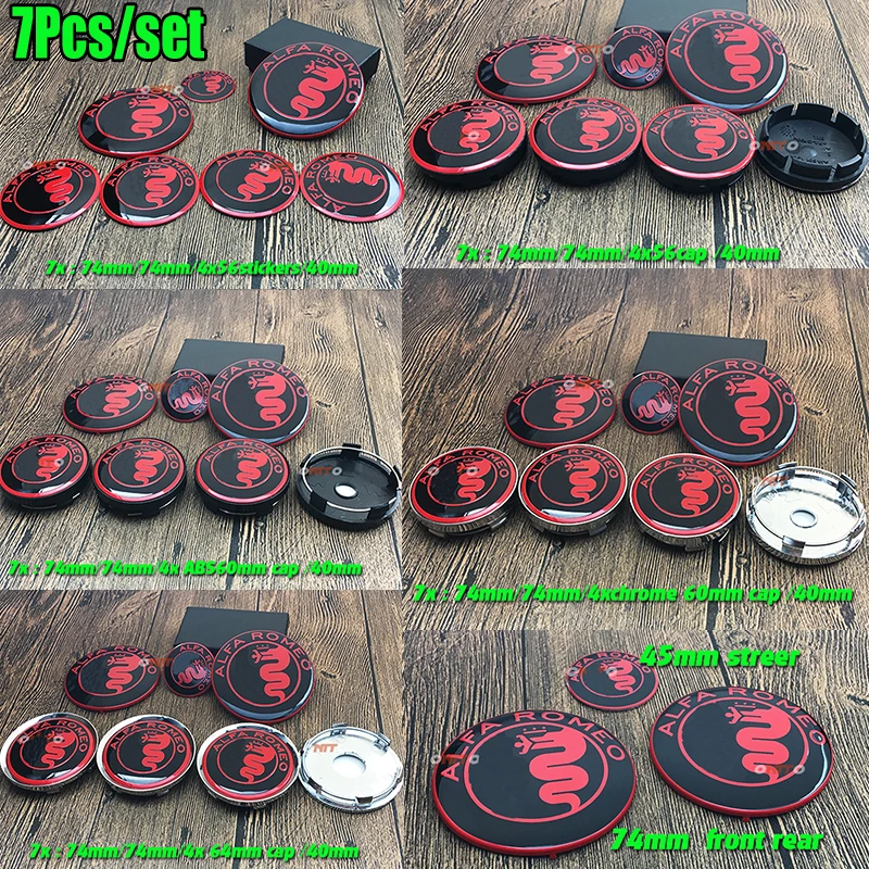 

Tire Accessories New ALFA ROMEO Full set 74mm Front Hood+Rear Emblem+60mm/64mm/56mm Wheel Caps+40mm Steering Wheel Sticker 7pcs