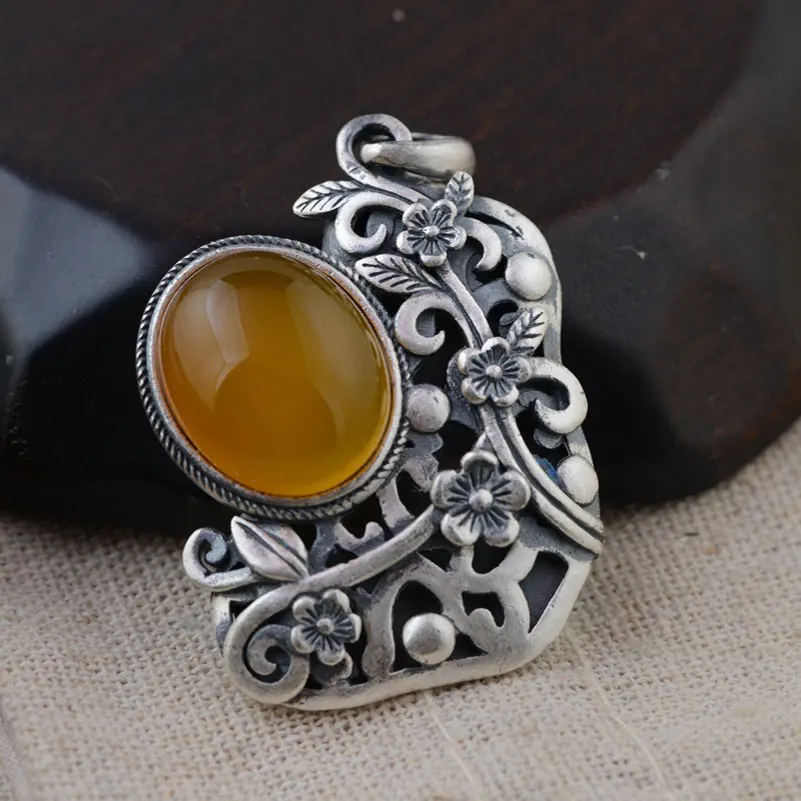 

FNJ 925 Silver Flower Pendant New Fashion Yellow Chalcedony Pure S925 Solid Thai Silver Pendants for Women Men Jewelry Making