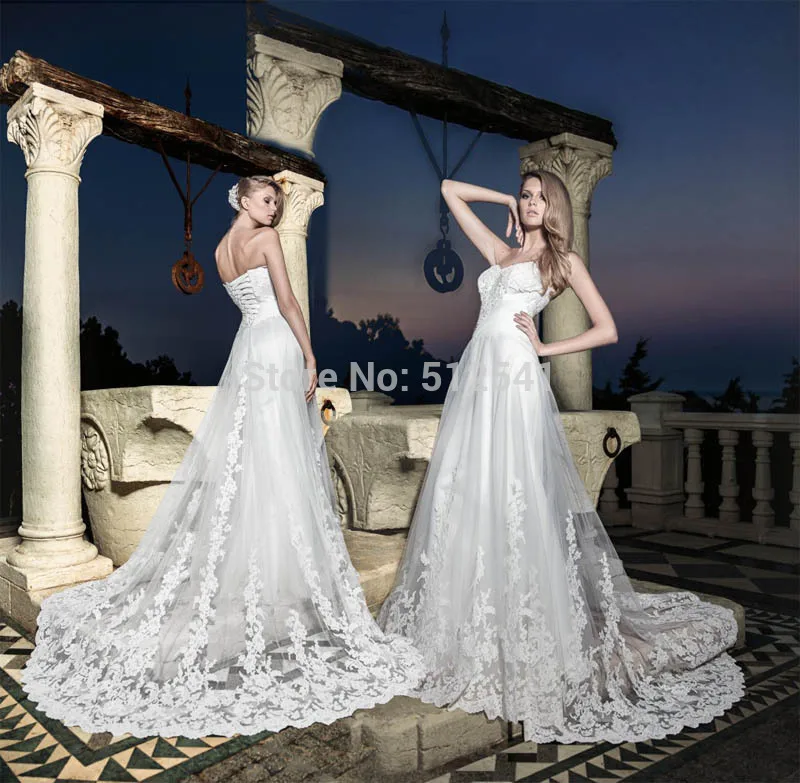 

Elegant Lace Up Wedding Dresses A Line Sweetheart Beads Applique Pleats Sweep Train Bridal Gowns yk1A571