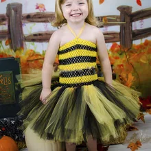 Милые девушки и желтой Пчелой, юбкой-пачкой для маленьких девочек платье-пачка, 2 слоя: вязание крючком платье с фатиновой юбкой с повязкой на голову с цветком, детский мультяшный костюм для косплей вечерние платья