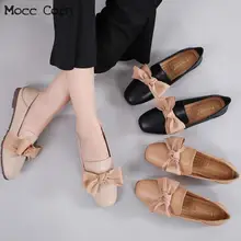 Sweet Women Flats Slip On Loafers Shoes Soft Moccasins With Genuine Leather Ballerina Shoes Bow Lady Plus Size Causal Footwear