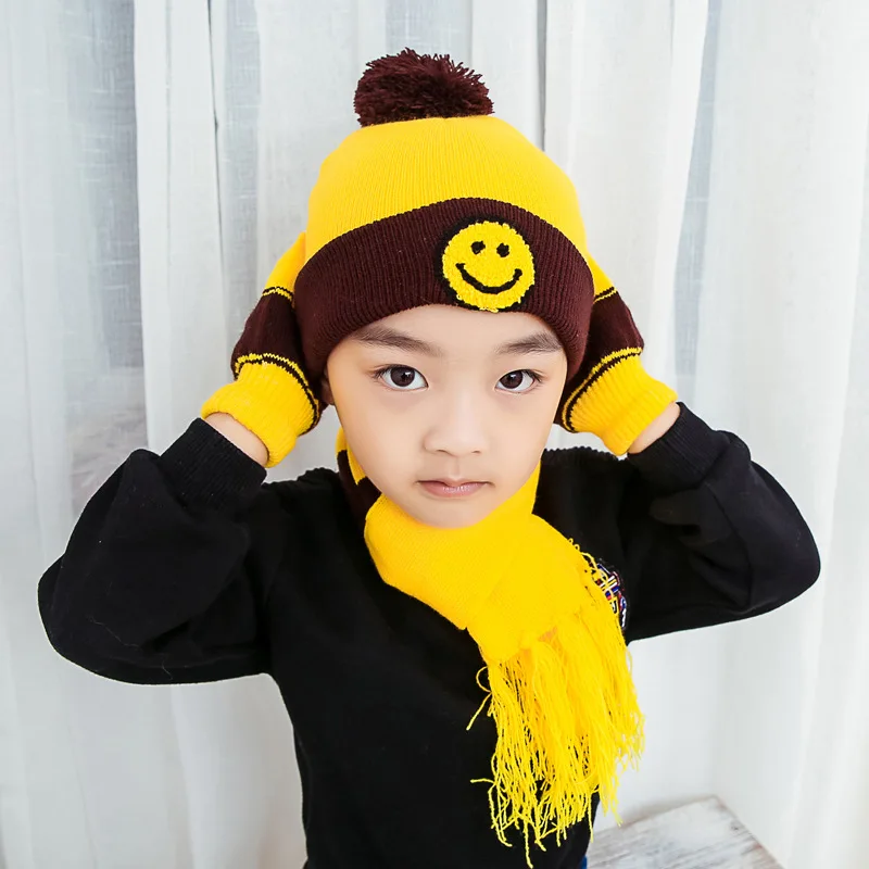 Girls Boys Scarf Hat Glove Sets Warm Cute Acrylic Cotton Knitted Print