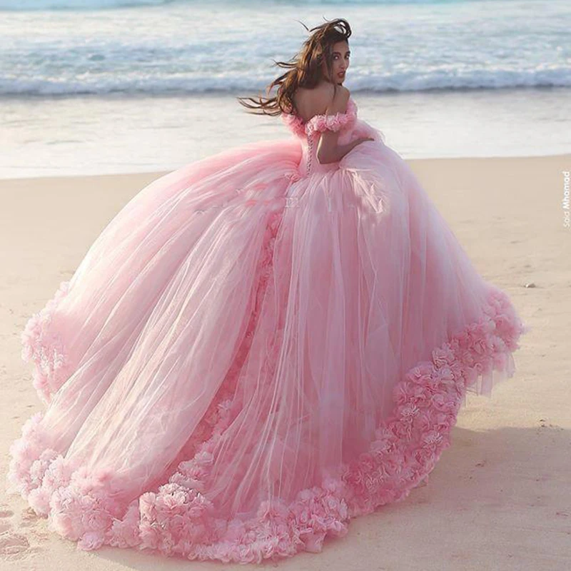 Vestido de novia de princesa Cenicienta, traje de baile hinchado, color rosa,  hombros descubiertos, flores 3D, 15 años, novedad _ - AliExpress Mobile