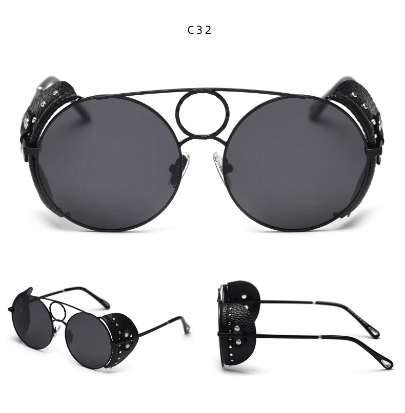 Сплав кожаная оправа панк Поляризованные Солнцезащитные очки женские мужские летние стиль стимпанк Солнцезащитные очки женские ретро круглые оттенки RX144