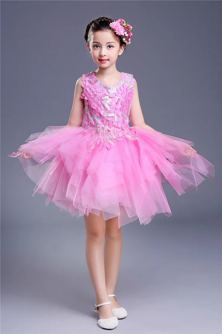 Детский костюм с аппликацией в виде листьев для концертных танцев, соревнований, детское шифоновое короткое платье синего, зеленого, желтого, ярко-розового цвета для девочек