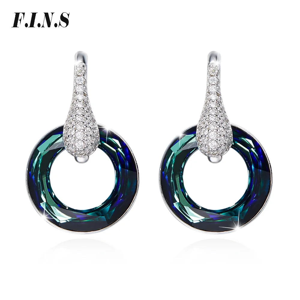 

F.I.N.S Lucky Round Crystals Dangle Earrings for Women Austrian Rhinestone Earring 925 Sterling Silver Jewelry Korean Fashion