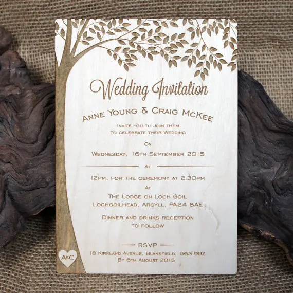 

Custom Rustic Wedding invitation,Laser cut wooden invitation with envelops, Love tree design , Laser Etched Wooden Invitation.