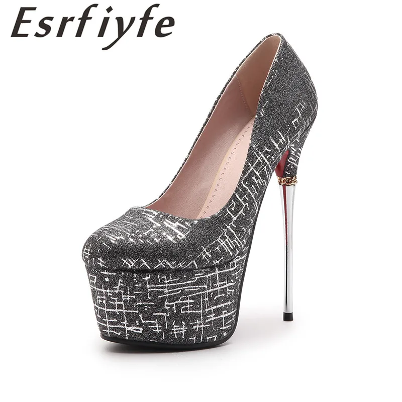 

ESRFIYFE Platform Pumps Round Toe Shallow Pumps Mujer 2018 New Fashion Thin Heels Super High Heels 16cm Handmade Party Shoes