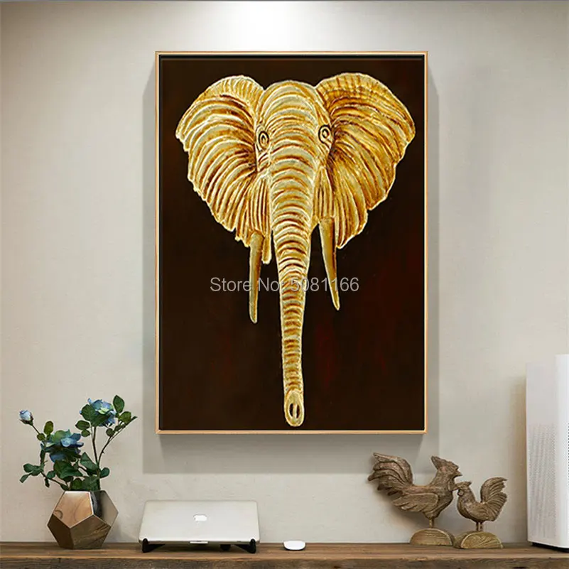 

HAND Painted elephant Wall Art Painting High Quality Abstract Gold elephant head Oil Painting golden canvas wall picture