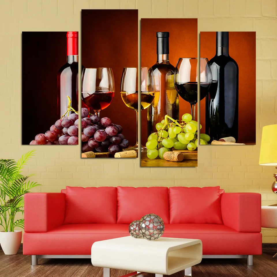 Еда черно-белое пиво кофе винные плакаты принт Скандинавская кухня комната стены искусства картина домашний декор цветная живопись 4 шт - Цвет: Бургундия