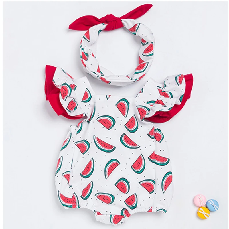 Bodysuit Summer Body For Newborns Watermelon Printing Baby Girl Clothes Cute Sets Sleeveless Jumpsuit+Hairband 0-24M