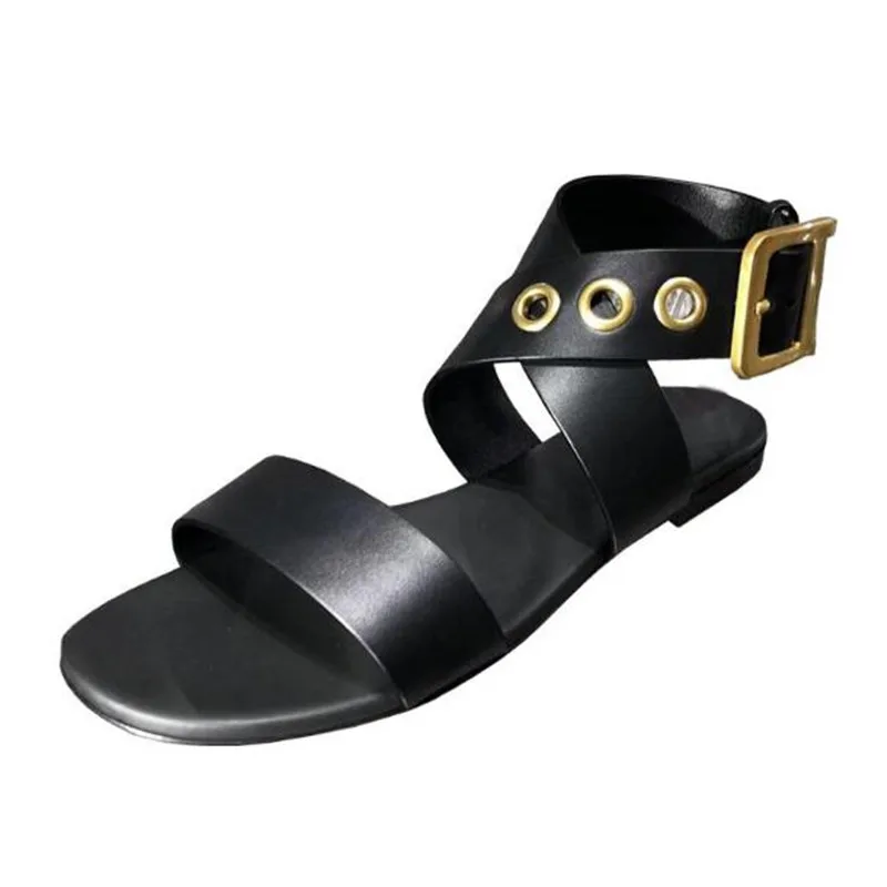 

2019 summer new thick with open toe flat sandals Metal buckle beach flat bottom Roman shoes female Casual black women's shoes