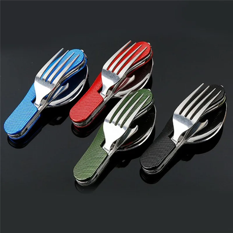 

4 in 1 Outdoor Tableware Folding Fork/Spoon/Knife/Bottle Opener Camping Stainless Steel Pocket Kits For Hiking Survival Travel