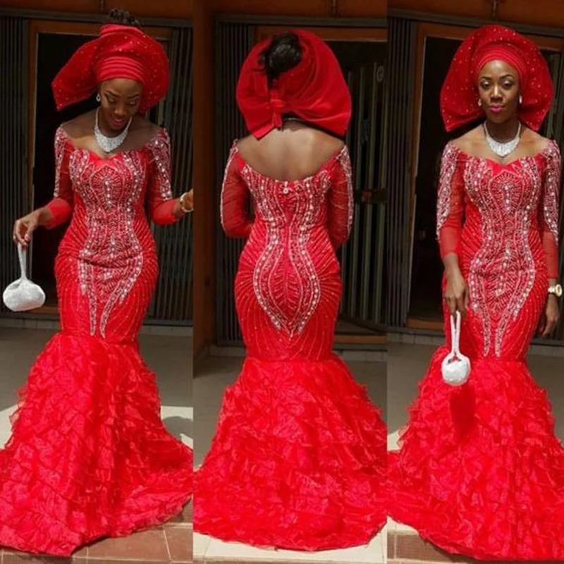 Aso Ebi Hot Red Evening Dress South Africa Boat Neck Evening Gown