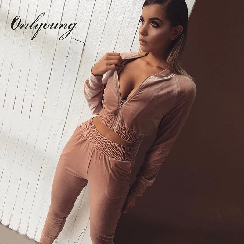 

Onlyoung 2019 Autumn Velvet Tracksuit Women 2 Piece Set Top and Pants Sportswear Velvet Short Jacket Casual Harem Pants Joggers