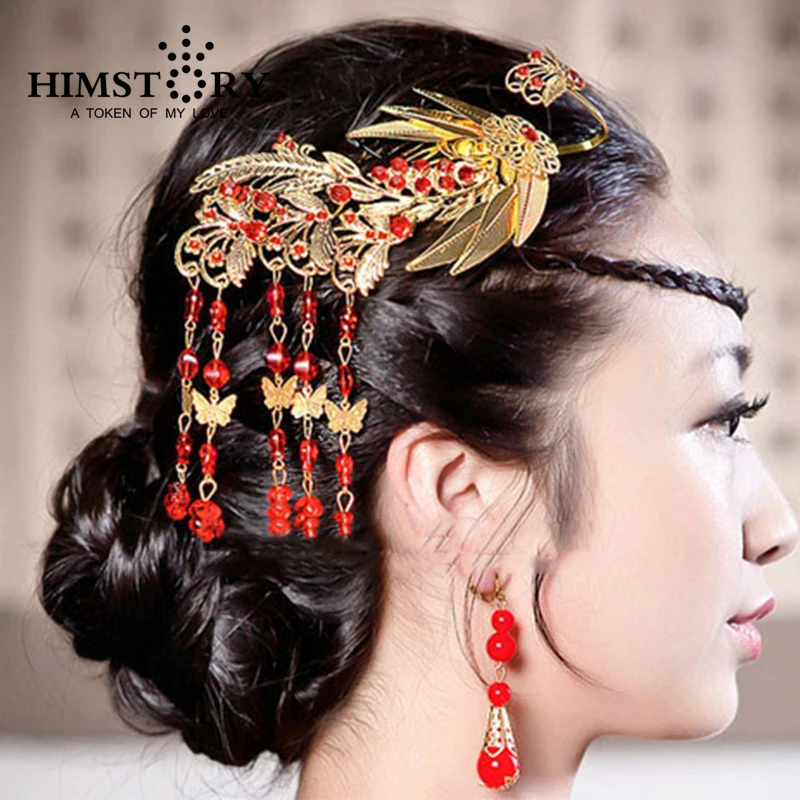 

Wholesale Bridal tassels Hair Comb Vintage Peacock Desogns Wedding Cheongsam Hair Accessories Chinese style red jewelry