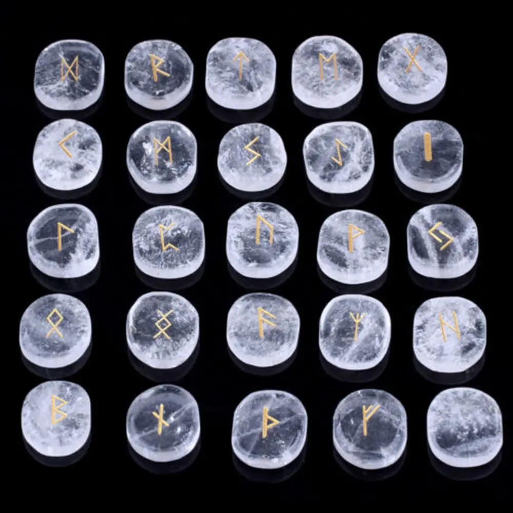 

Natural Engraved Rock Clear Quartz Crystal Rune Divination Stones Set Gemstones Feng Shui Decoration 25pcs with Velvet Bag