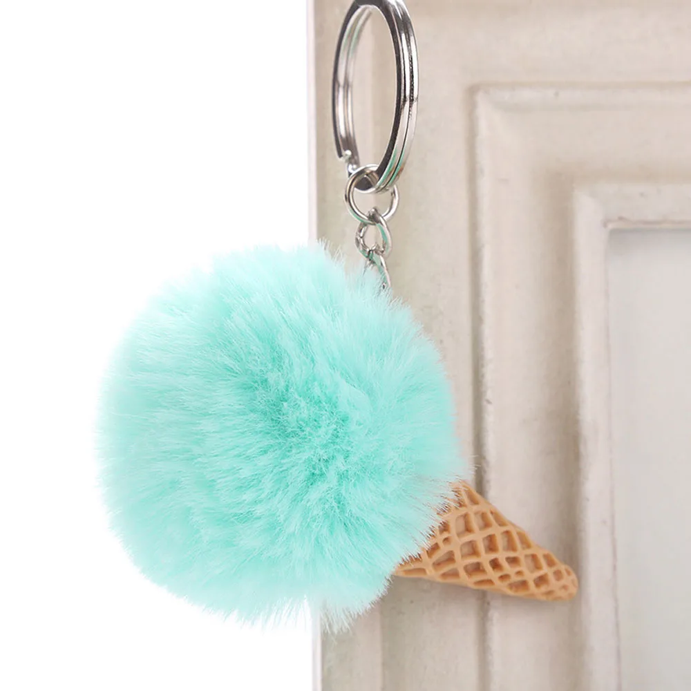 

1 PC Women Cute Fur Ball Ice Cream Car Keychain Plush Key Chain Ring Keyring Pompon Girls Backpack Keychain
