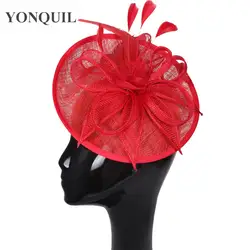 Большой sinamay шляпы Хороший перо цветок fascinators для свадьбы головные уборы Красный Свадебные шляпы вечерние головные уборы коктейль шляпы 12