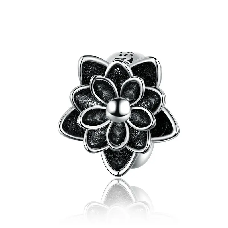 

MOWIMO Black Enamel Flower Lotus Beads 100% 925 Sterling Silver Fit Original Pandora Bracelet Charms DIY Jewelry Making BKC1196