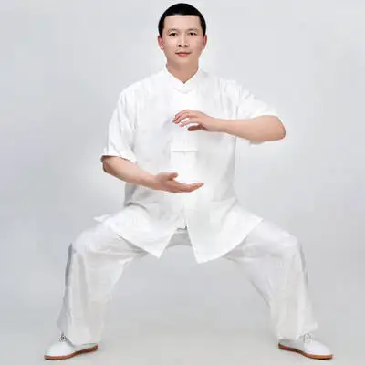 Мужская форма Tai Chi кунг-фу с рисунком дракона ТАЙЦЗИ тренировочная одежда боевое искусство одежда для выступлений Мандарин воротник рубашка+ брюки - Цвет: white