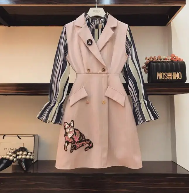 

2018 Autumn Dress Suit Women New Harbor Style Long-sleeved Stand Collar Stripe Shirt + Vest Jacket Two-piece Lady Dress Set