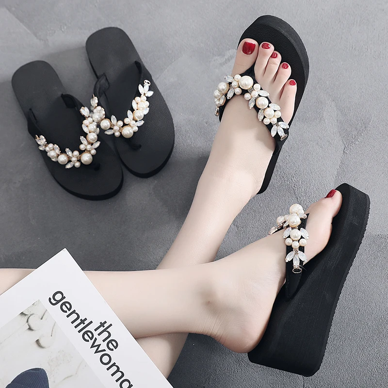 

WENYUJH Women Slippers Flip Flops Summer Pearl High Heel Bling Beach Slides Sandals Casual Shoes Non-Slip Slipper Shoes Ladies