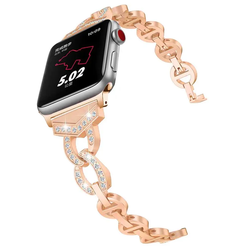 Для умных часов Apple, серия 4, 3, 2, 1, нержавеющая сталь, для женщин, Vo, алмаз, для IWatch, полосы, металлический ремешок для часов 38, 40, 42, 44 мм - Цвет: Розовое золото