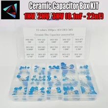 15 значений 300 шт 1КВ/2КВ/3кВ(0.1nF до 22nF) высоковольтный Керамический дисковый конденсаторный систематизированный набор с ящиком для хранения
