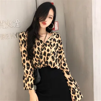 

Lychee Girls Leopard Print Women Long Blouse Deep V Neck Long Sleeve Female Blouses Spring Autumn Sexy Club Shirts