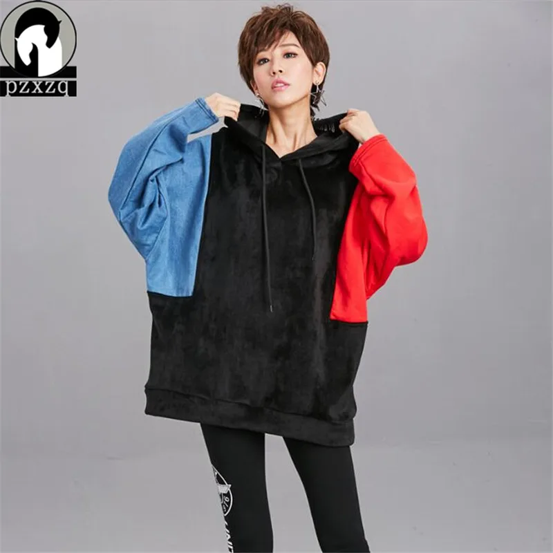 

2018 New Punk Hip-hop Loose Warmth Hoodies Sweatshirt Women Winter Side Patchwork Hooded Casual Patchwork Hoodies Pullover Femme