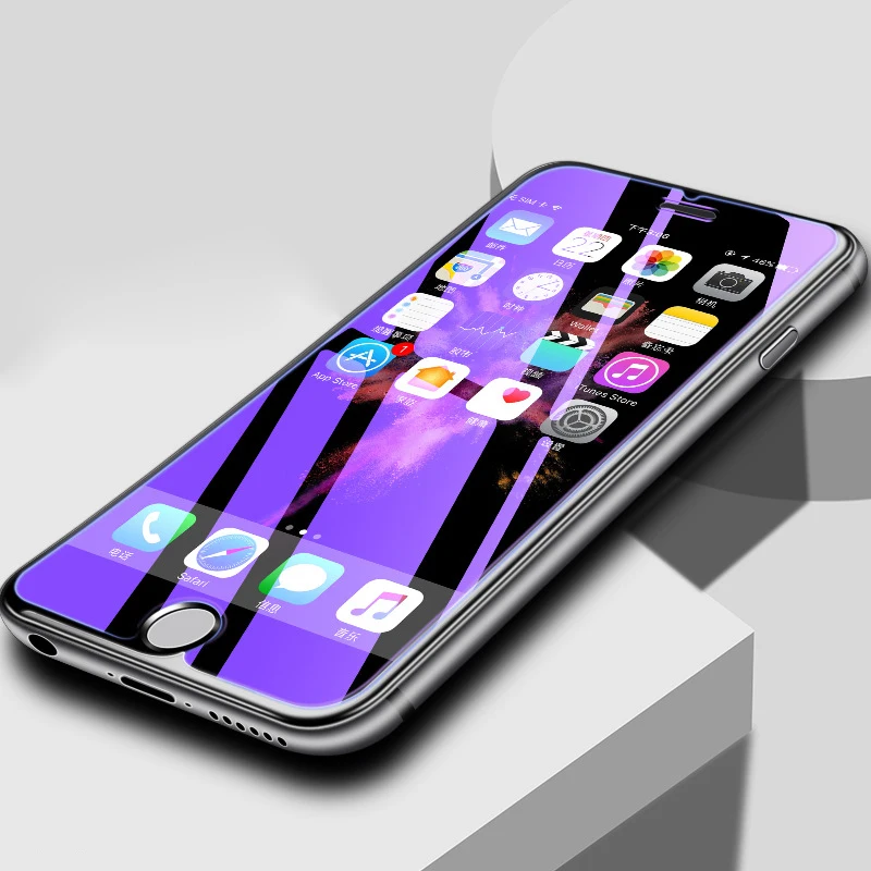 Защитное закаленное стекло 9H для iPhone 6, 7, 8, 6S Plus, 5, 5S, SE, 5C, X, XR, XS MAX, защитное стекло, пленка, анти-синий, фиолетовый, светильник