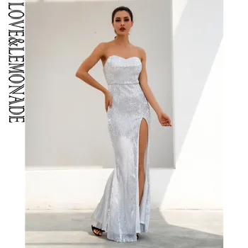 

LOVE&LEMONADE Silver Tube Top Cut Out Fish Tail Shaped Elastic Sequin Material Long Dress LM81142