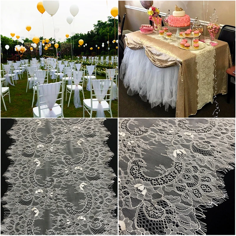 

White Lace Table Runner Wedding Decoration 44X300CM Fringe Edge Floral Table Cloth Birthday Decoration Home Textile