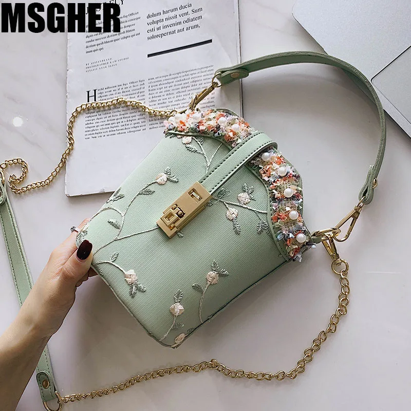

MSGHER Embroidery Women Leather Handbags Mini Chains Crossbody Bags For Girls Bucket Small Totes Fashion Floral Shoulder Bags
