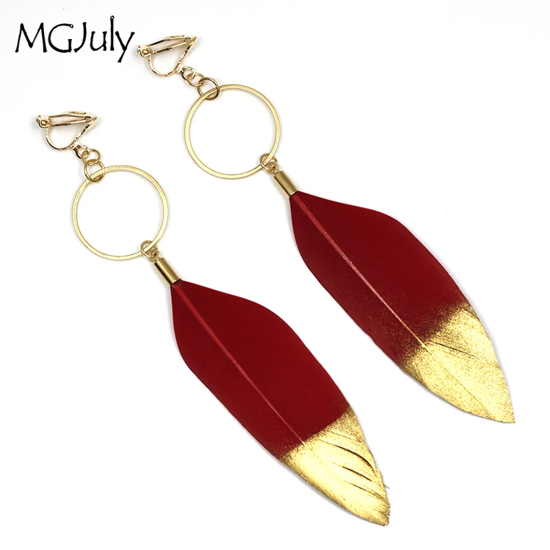 

Red Feather Earrings No Hole Ear Clips Gilding Feathers Clip On Earrings Without Piercing Romantic Earring Jewelry Gift CE112