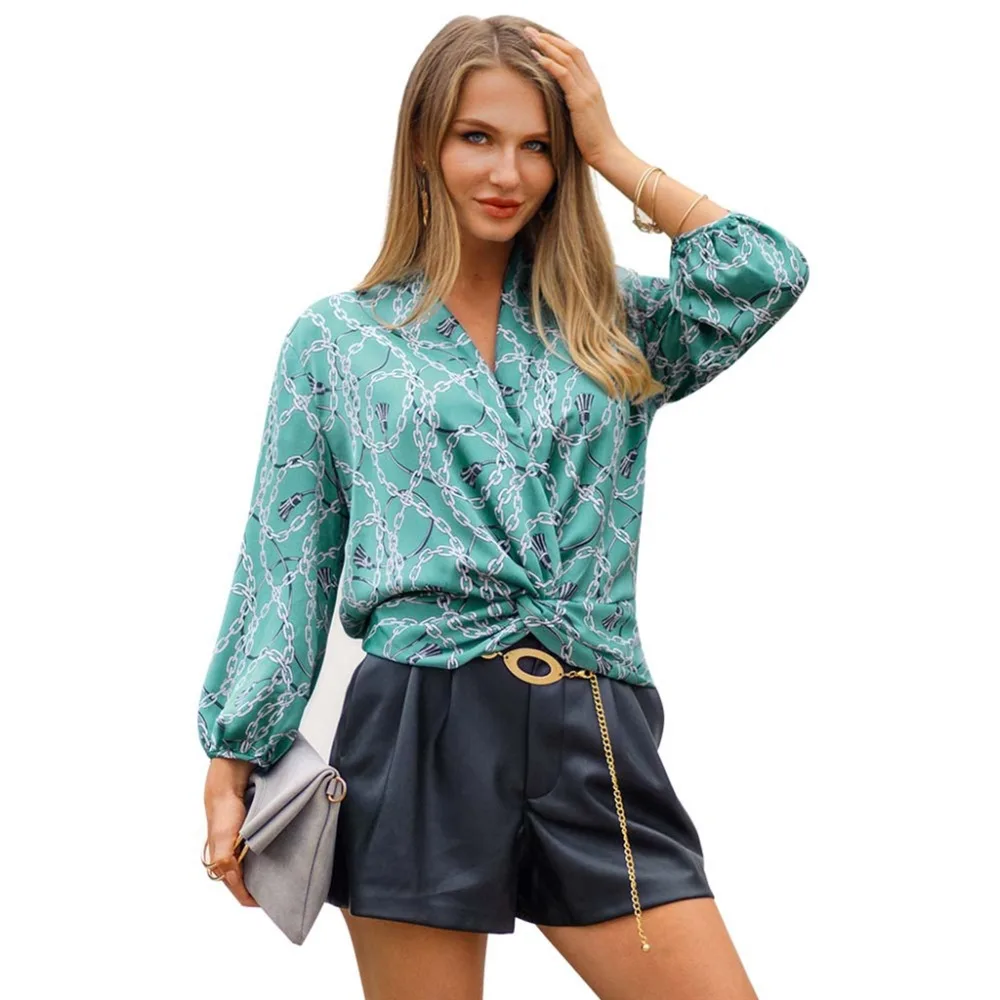 

Women Plunge V Neck Boho Blouse Long Sleeves Knot Casual Party Club Top Tassel Chain Print Spring Summer Bohemian Fashion Shirt