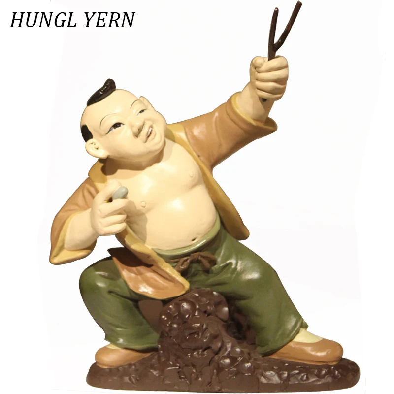 

20.5cm Child Statue Clay Handmade Chinese style Home Decoration Handcraft escultura custom Wooden Sculpture Statues Craft