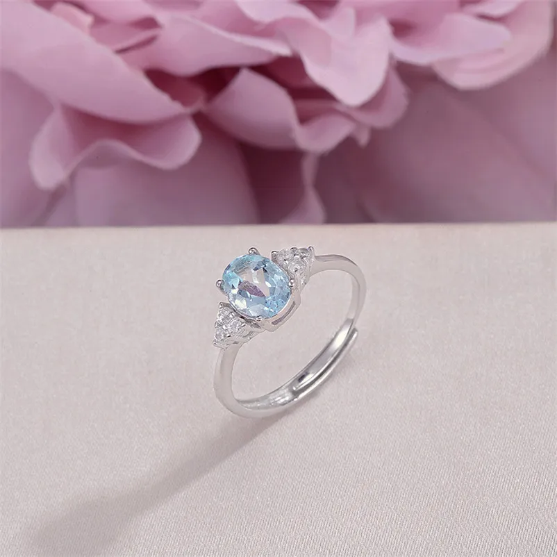 Кольца для Для женщин Fine Jewelry S925 серебра 8*6 мм топаз естественные овальные синий драгоценный камень Регулируемый кольцо из белого золота