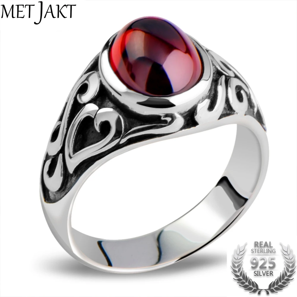 

MetJakt Men's Vintage Thai Silver Garnet Vampire Rings & Hand Carved Pattern Solid 925 Sterling Silver Ring for Men Punk Jewelry