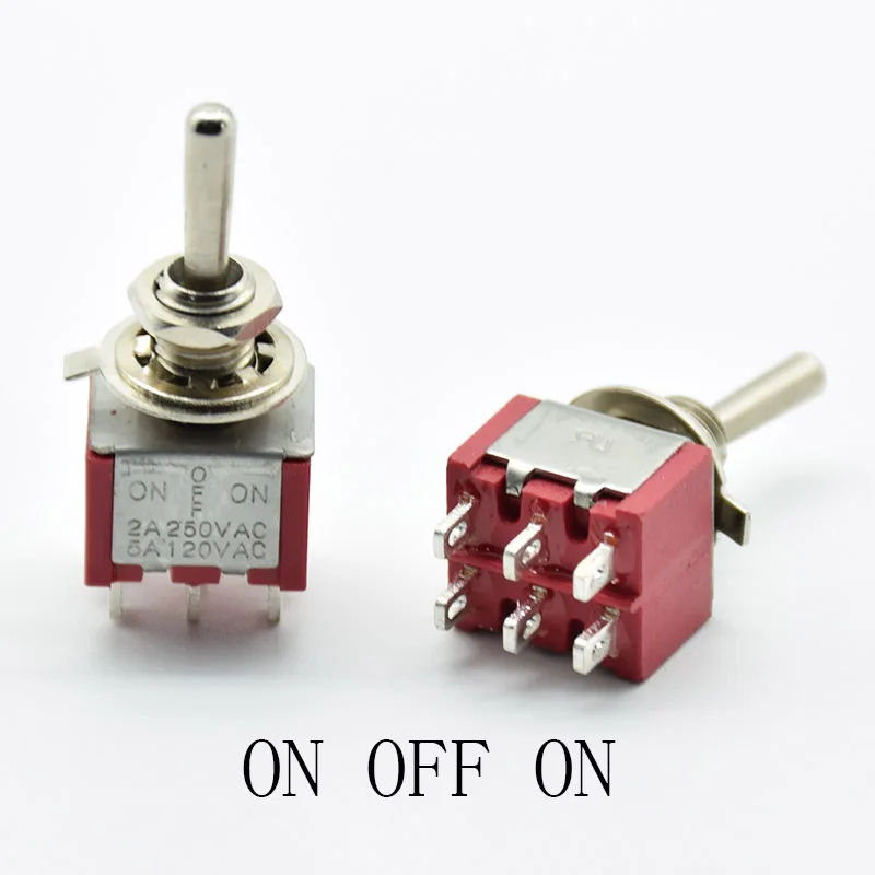 

5Pcs Red Toggle Switch Mini MTS-203 ON/OFF/ON DPDT Latching 2A 250VAC / 5A 120VAC 6 Pins With Solder Terminal waterproof