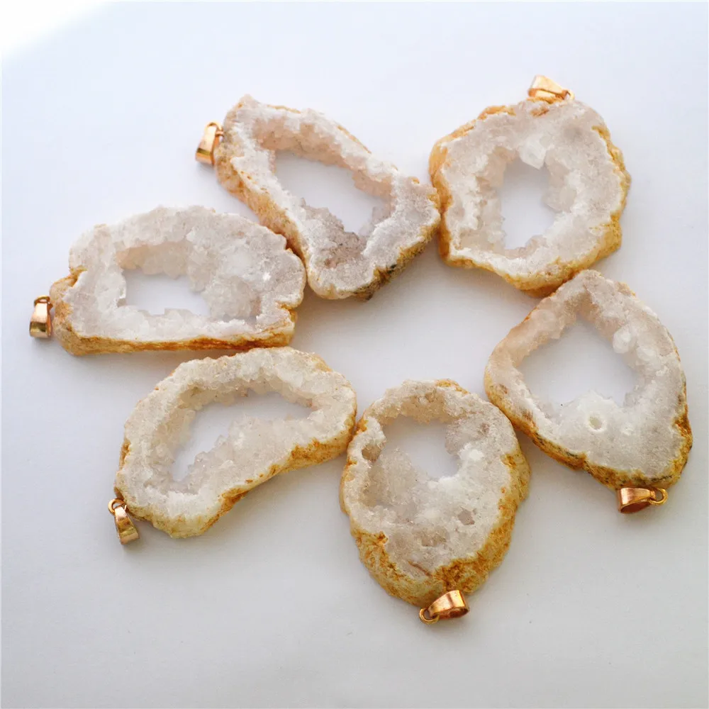 

Hot! New Fashion Natural Stone Pendants Crystal Cave Slice Open Agates Geode Drusy 6PCS For Women Necklace Jewelry Making