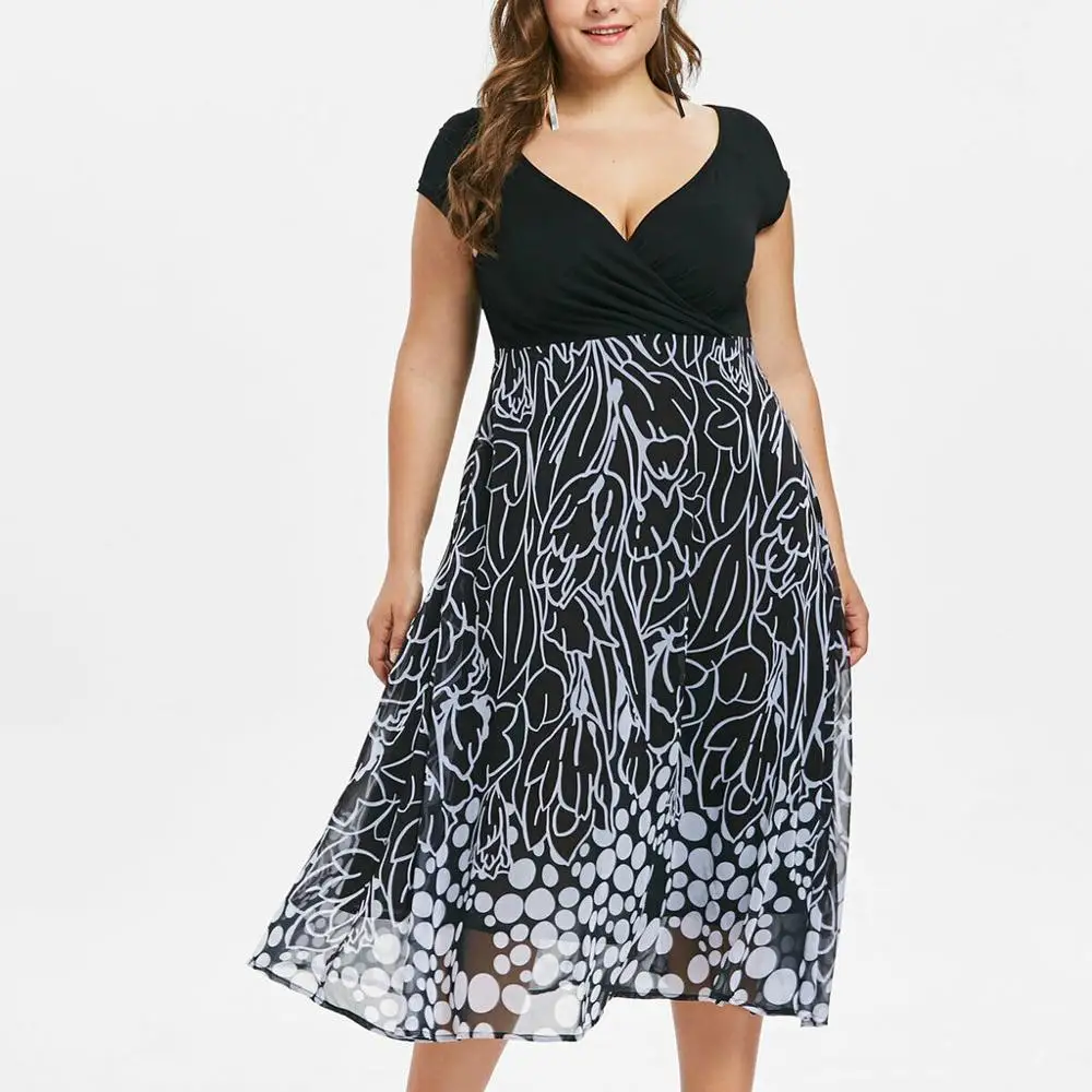 

2019 Fashion Women maxi dress Sexy Plus size V-Neck Casual Short Sleeve Printed chiffon maxi Dress elegant